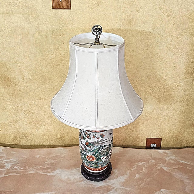 Chinese Vintage Chinese Famille Verte Style Porcelain Table Lamp With Hand Painted Birds & Peonies For Sale - Image 3 of 18