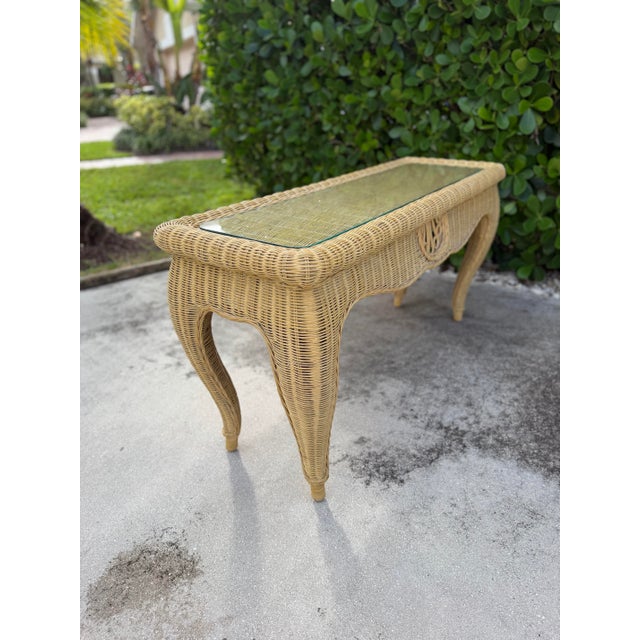 Late 20th Century Vintage Sculptural Rattan Console Table With Glass Top For Sale - Image 5 of 13