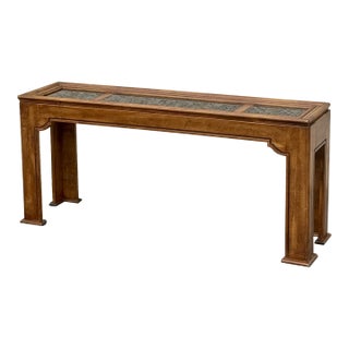 Mid-Century Modern Wood Console Table With Inset Glass Panels For Sale