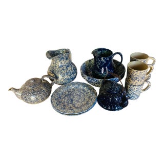 1930s Blue Sponge Ware Collection- 10 Pieces For Sale