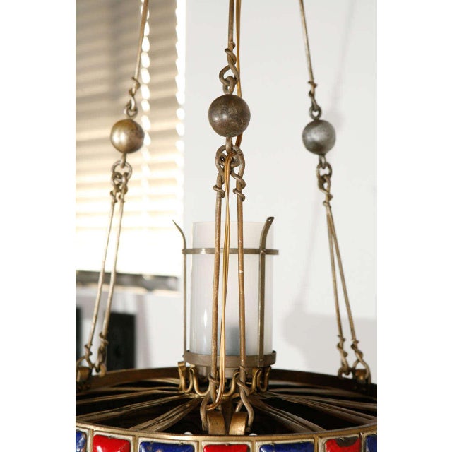 Spanish Revival Brass Pendant With Red & Blue Enamel Detailing For Sale In Los Angeles - Image 6 of 10