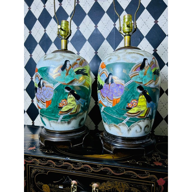 1950s Hand-Painted Japanese Porcelain Tabletop Lamps Pair Court Ladies, Large 32"h For Sale - Image 10 of 18