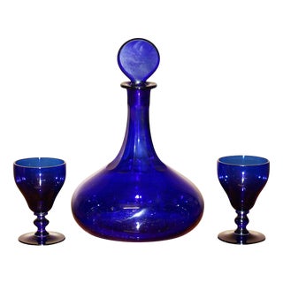 Antique Cobalt Blue Sherry Glass Decanter and Glasses, 1920s, Set of 3 For Sale