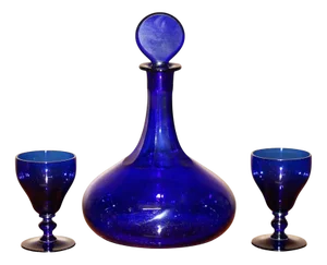 Antique Cobalt Blue Sherry Glass Decanter and Glasses, 1920s, Set of 3