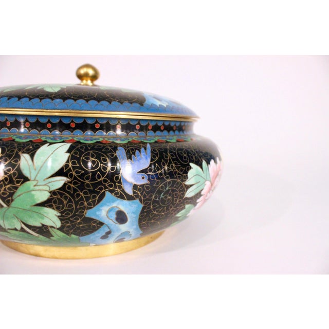 Large Cloisonné Lidded Floral Bowl For Sale - Image 4 of 8