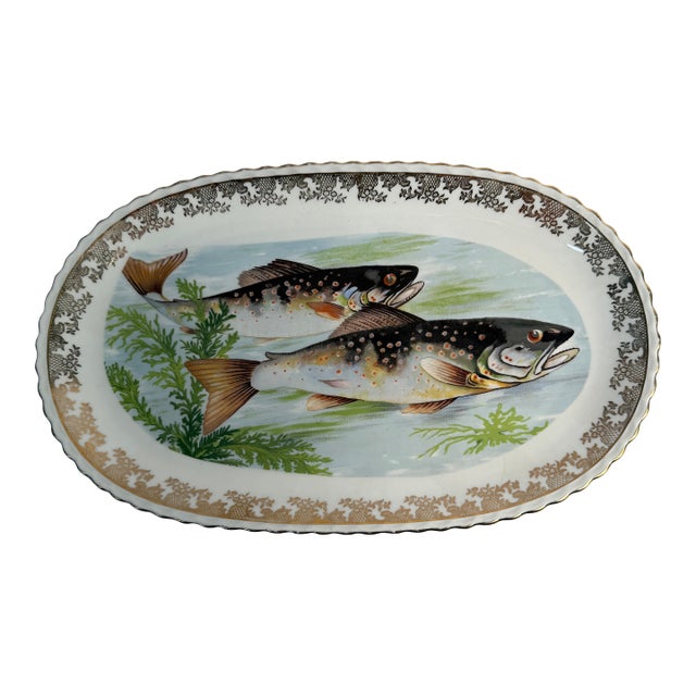 Vintage, French, Fish Porcelain Platter, Gilded Frame, Trout For Sale