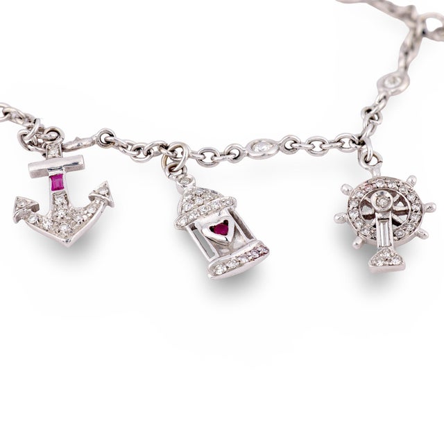 Mid 20th Century Vintage Diamond Ruby Sapphire 18k White Gold Charm Bracelet For Sale - Image 5 of 6