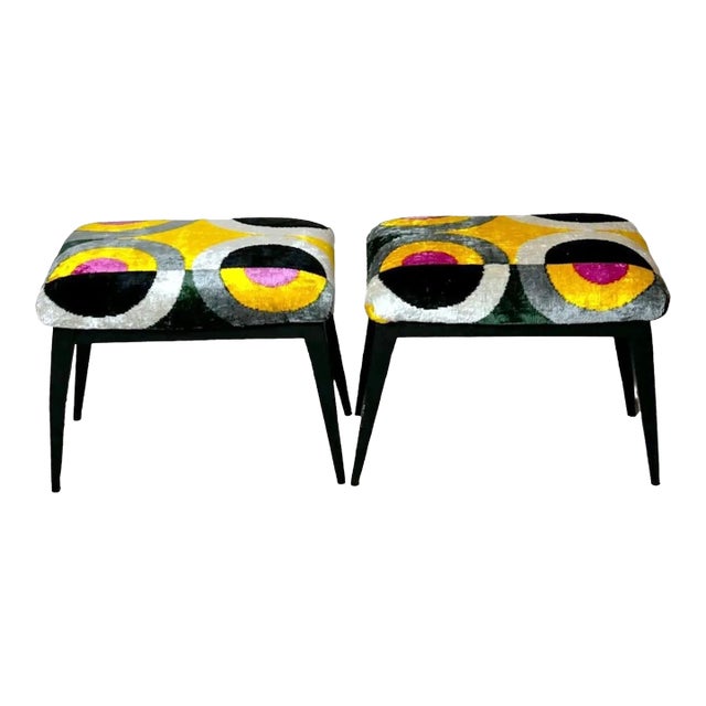 1950s Mid Century Pair of Italian Wood and Silk Velvet Ikat Benches For Sale