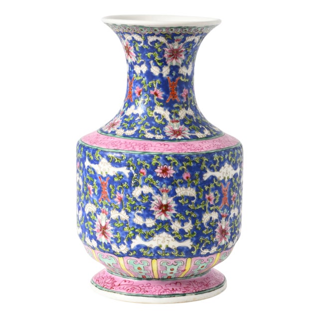 Hand-Painted Blue Ground Chinese Porcelain Vase, 1920s For Sale