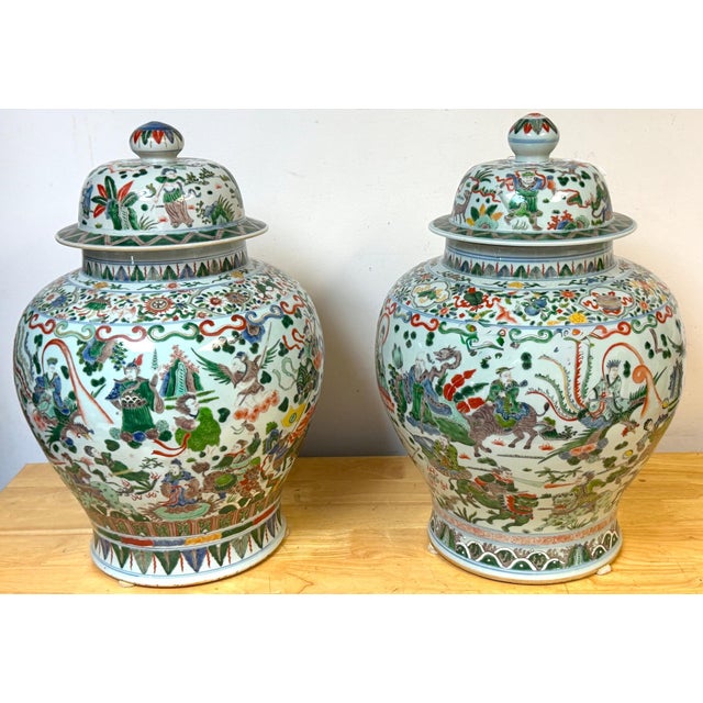 Pair Monumental Chinese Famille Verte Buddhist Ginger Jars, Late Qing Dynasty For Sale - Image 16 of 18