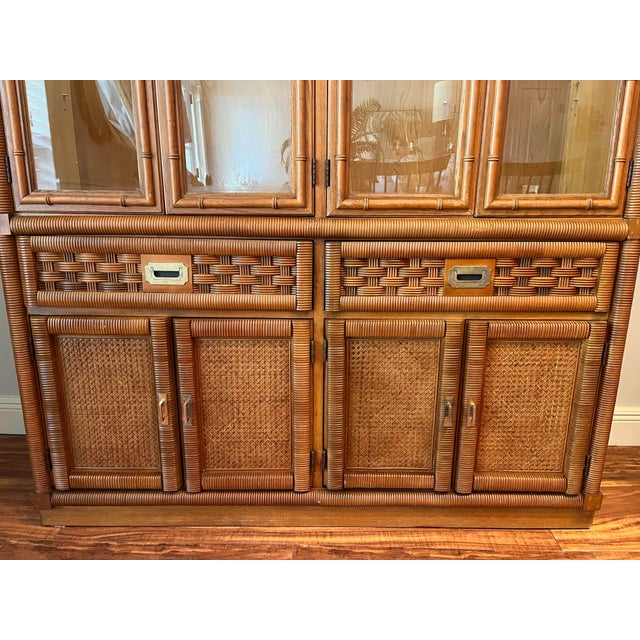 1980s 1980’s Rattan Wrapped Faux Bamboo Lighted China Cabinet For Sale - Image 5 of 11