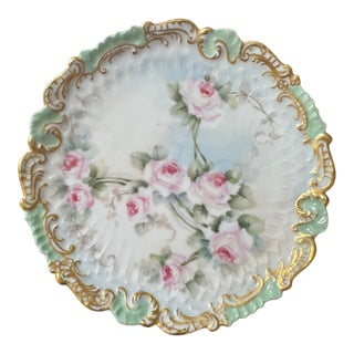 Antique French Limoges Porcelain Hand-Painted Rose Cabinet Plate With Gilt Rococo Rim For Sale