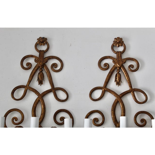 Vintage Italian Florentine Style Gold Finished Scrolling Arms Electric Wall Sconces- A Pair For Sale - Image 12 of 15