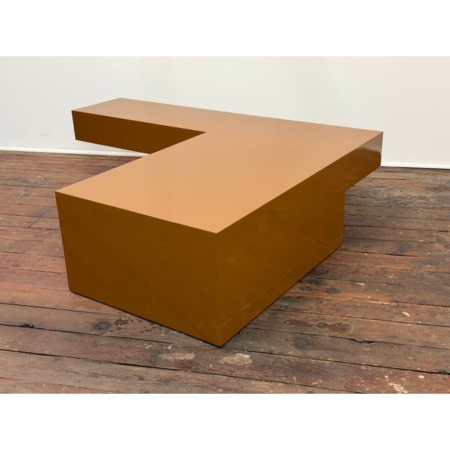 Brown lacquer 'L" shaped lacquered minimalist Post Modern coffee table emulating the design of Donald Judd's monumental...