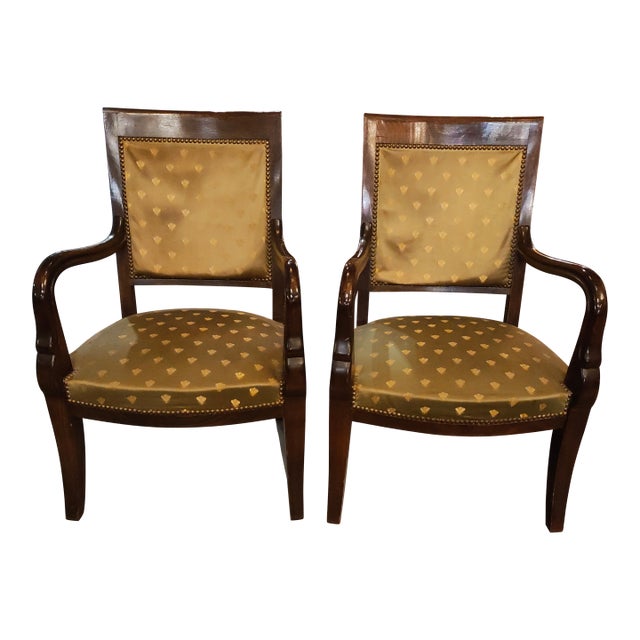 Pair of Early 20th Century French Neoclassical Walnut Armchairs With Nailhead Upholstery For Sale