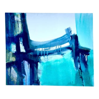 Mid Century Abstract Painting of Bridge - Signed For Sale
