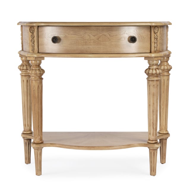 Spritely Home Accent Furniture Halifax 34 in. W Demilune Wood 1 Drawer Console Table with Open Lower Shelf, Antique Beige For Sale - Image 4 of 9