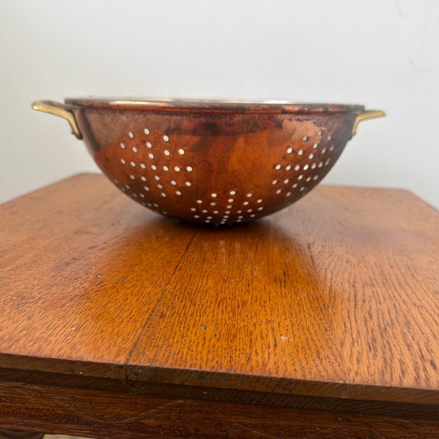 French Country Vintage French Country Copper Colander Strainer With Sculptural Brass Handles For Sale - Image 3 of 6