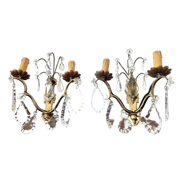 Double Crystal and Brass Wall Sconces, 1950s, Set of 2 For Sale