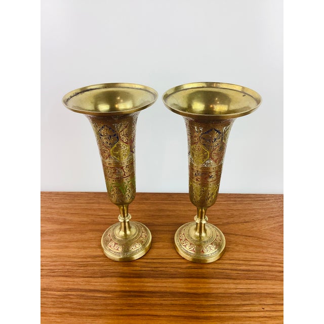 Vintage 1970s Pair of Matching Brass Vase / Vessels made of brass intricate pattern enamel like color can be used as...
