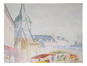 Evelyne Luez, Village Church and Market, 20th Century, Watercolor