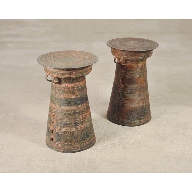Tribal Pair of Southeast Asian Bronze Rain Drum Drinks Tables For Sale - Image 3 of 18