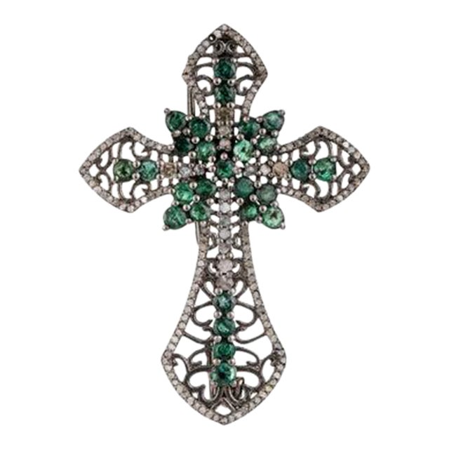 Art Deco-Inspired Emerald Diamond Cross Brooch Cum Pendant- Best for Gifting For Sale