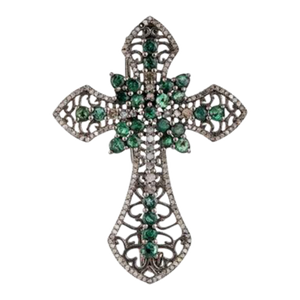 Art Deco-Inspired Emerald Diamond Cross Brooch Cum Pendant- Best for Gifting