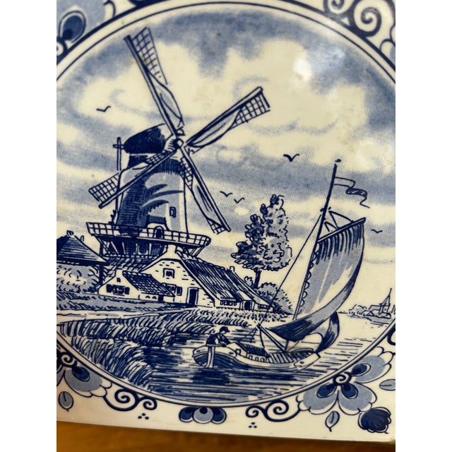 Vintage Dutch Delft Blue Ceramic Tile by Schoonhoven Keramiek, Holland - Windmill and Sailboat Scene. For Sale In Seattle - Image 6 of 9
