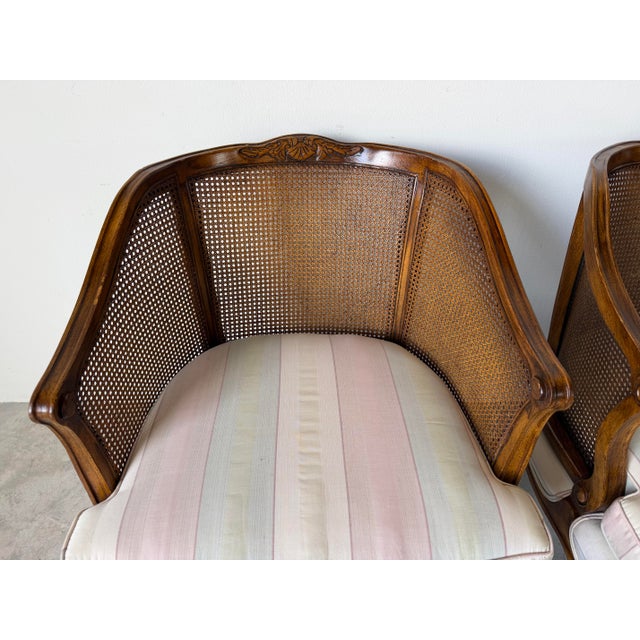 Wood 1960s Vintage French Provincial Louis XV-Style Carved Walnut & Cane Club Chairs – Pair For Sale - Image 7 of 13
