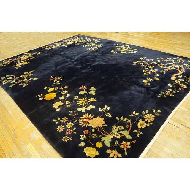 1920s Navy Blue Floral Tree Antique Chinese Art Deco Carpet 8' 10'' X 11' 7'' Knotted Wool Rug For Sale - Image 4 of 9