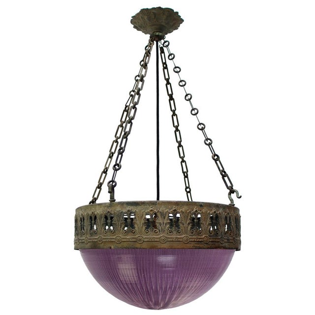 French Brass Violet Glass Plafonnier Pendant Lamp by Holophane Paris For Sale - Image 12 of 12