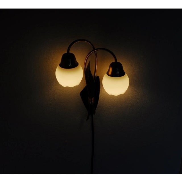 Scandinavian Organic 2-Arm Wall Light in Brass and Opaline, 1940s For Sale - Image 13 of 15