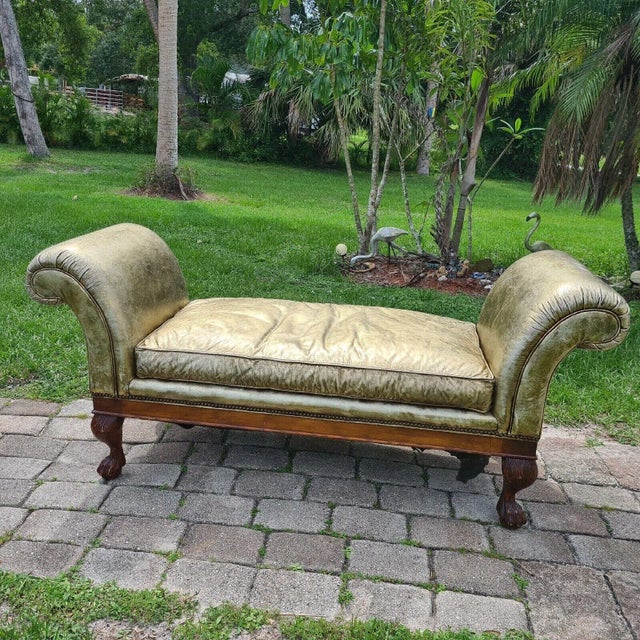 1990s Ralph Lauren Scroll Arm Metallic Leather Clawfoot Kings Bench by Henredon Chaise For Sale - Image 12 of 12