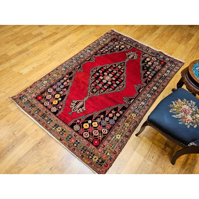 Vintage Persian Mazgalan Area Rug, Hand-Knotted Wool, Geometric Pattern, 5x7, Red & Navy For Sale In Chicago - Image 6 of 18