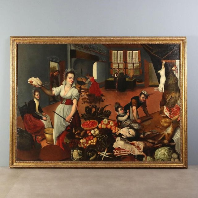 Flemish Artist, Interior Kitchen Scene, Large Oil on Canvas, Framed For Sale - Image 16 of 16