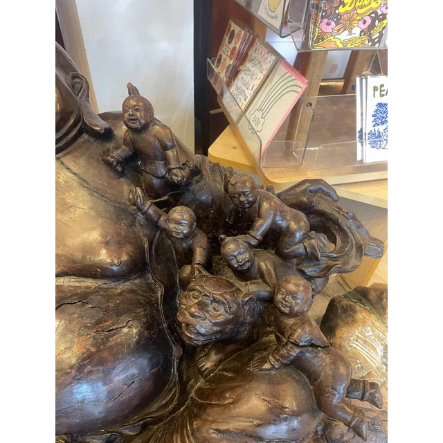 Large Laughing Buddha Wood Floor Sculpture For Sale - Image 4 of 7
