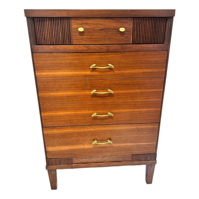 Refinished 1960s Mid Century Modern Walnut Tallboy Dresser | Vintage Walnut Crescent Series S-2430 Highboy Chest | Fluted Louvered Accent Drawer For Sale