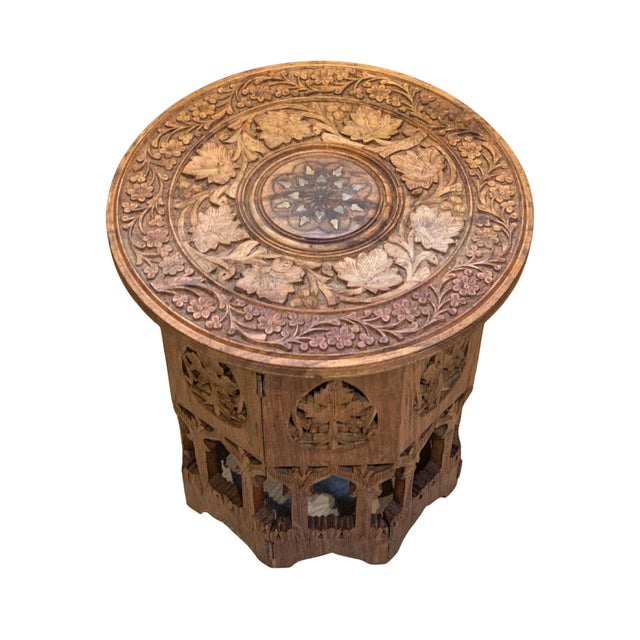 Antique Middle Eastern Circular Carved Side Table with Brass Inlay For Sale - Image 4 of 7