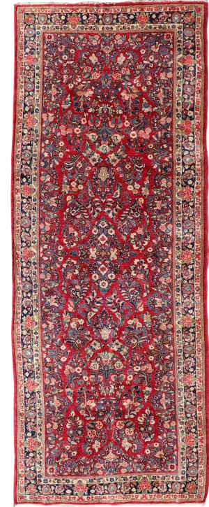 Antique Sarouk Long Gallery Runner With All-Over Flower Design in Red Background