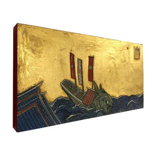 Study for a Fish at Sea with Three Flags, Ink, Egg-Tempera and Gold Leaf on Panel, 2018 For Sale