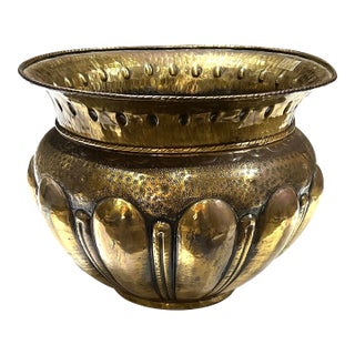 Large English Hand-Hammered Brass Repoussé Round Planter/Jardinière For Sale