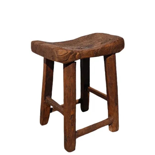 Chinese Curved Top Elm Stool For Sale - Image 3 of 4