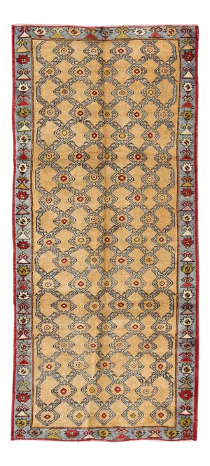 Vintage Turkish Oushak Rug With Golden Tan Field and Repeating Rosette Motif