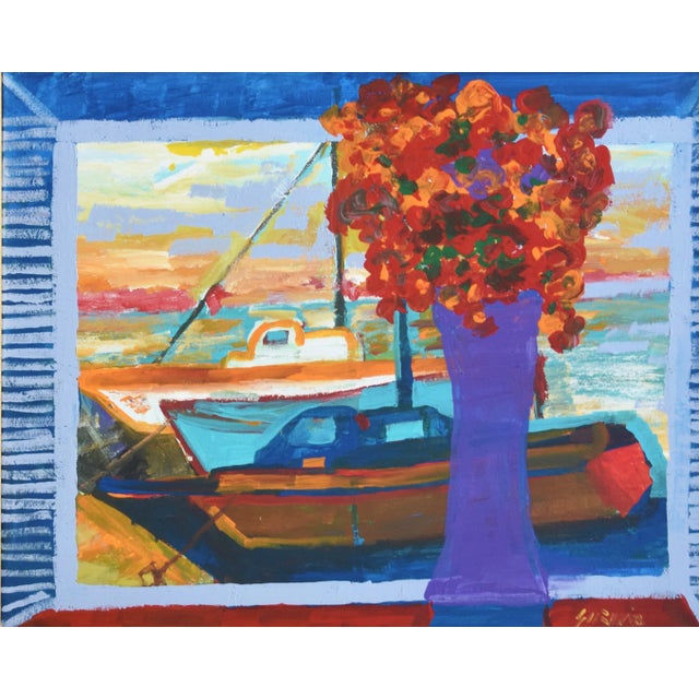 Nautical boats & red flowers in blue vase oil painting on canvas by Juan "Pepe" Maldonado Guzman (1948-2022.) Guzman was...