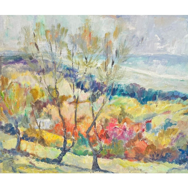 Vintage Impressionist Landscape Painting on Board With Trees, Framed, Mid-Century For Sale - Image 11 of 18