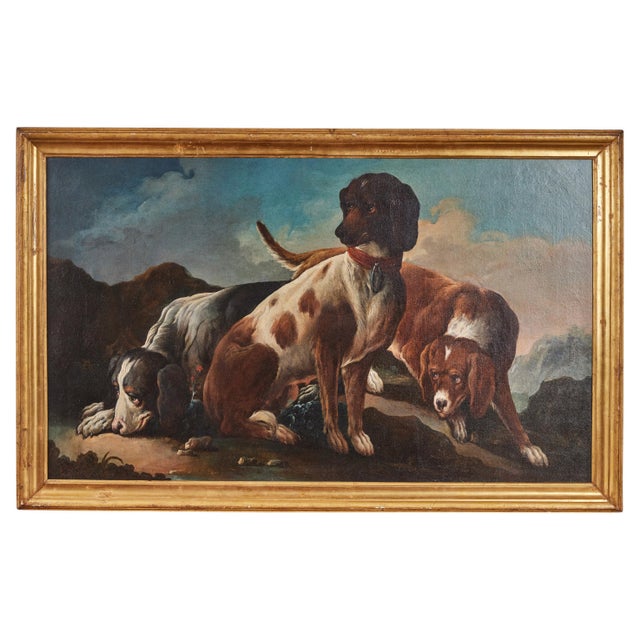 Striking, beautifully composed, c. 1740, Italian, oil-on-canvas painting of three hounds in a mountainous landscape....