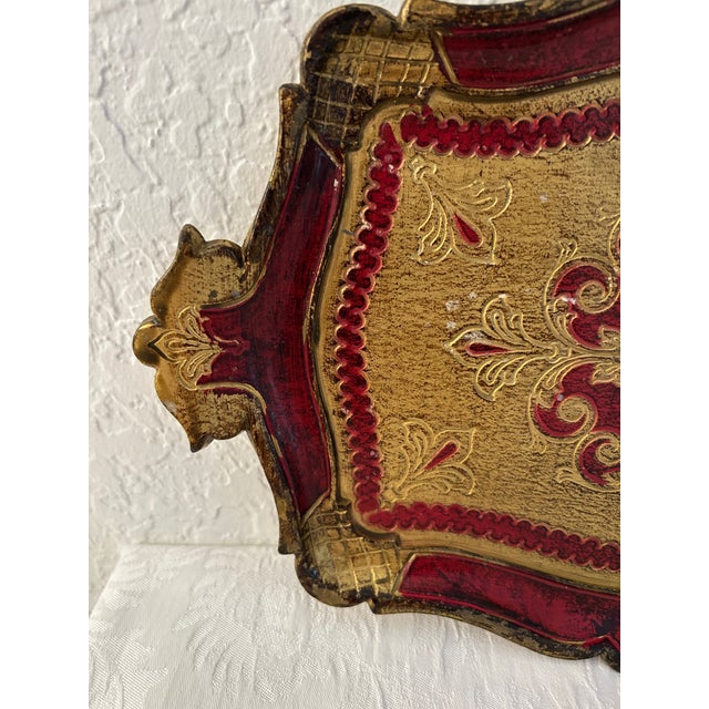 Mediterranean Vintage Ornate Italian Burgundy & Gold Florentine Tray For Sale - Image 3 of 6