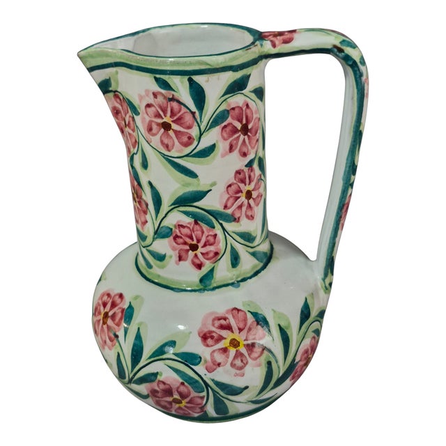 Vintage Hand Painted Floral Terra-Cotta Porches Algarve Portugal Pitcher For Sale - Image 9 of 9
