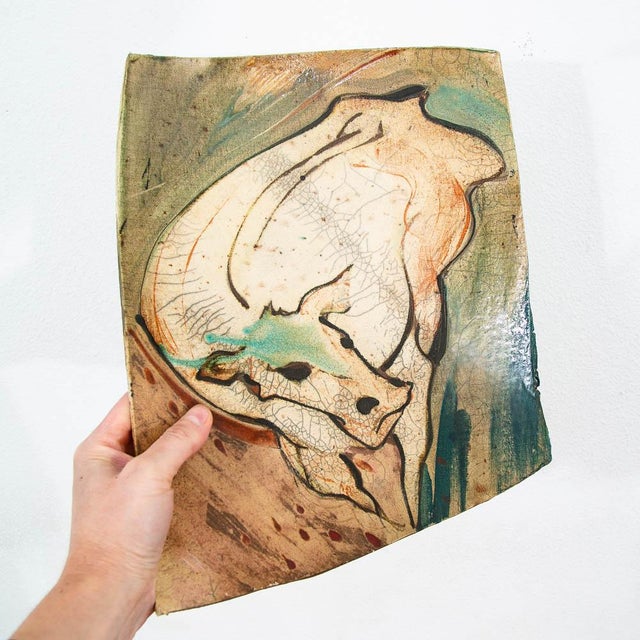 1960s Mid Century Modern Art Pottery Tray Bull Cow Art Ceramic Decorative Raku Fired For Sale - Image 5 of 11